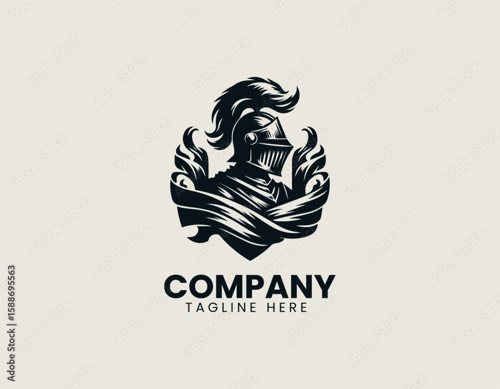Fototapeta premium Valiant Knight Helmet Flag Medieval Warrior Strength Vector Logo Design