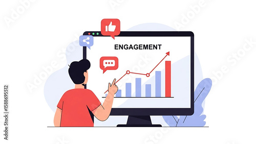 A person analyzes a graph showing increasing online engagement on a computer screen indicating successful social media growth
