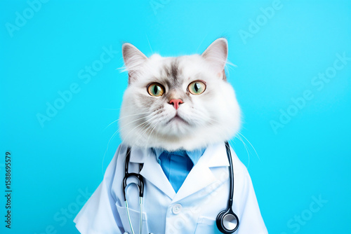 A funny and charming portrait of a cat dressed as a doctor in a white coat with a stethoscope, set against a bright blue background. This playful concept is perfect for animal-themed medical ideas