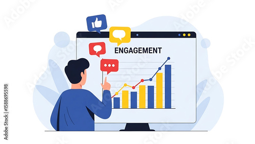A man analyzes a rising engagement graph on his computer screen showing positive social media growth and interaction
