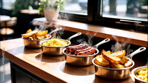 Several small saucepans filled with steaming hot food, including sausages, potatoes, and scrambled eggs, set on a wooden counter by a bright window.