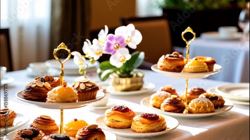 An elegant table set with assorted pastries on tiered trays, with a white orchid centerpiece in the background.