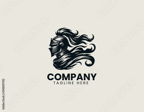 Valiant Knight Helmet Flag Medieval Warrior Strength Vector Logo Design