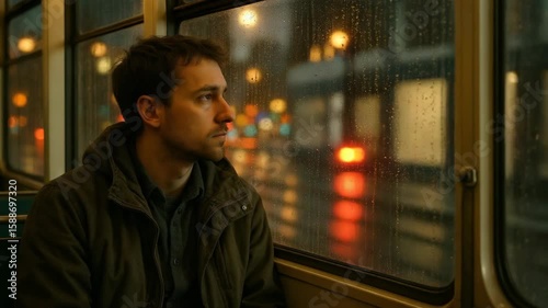 Contemplative moments on a rainy evening bus ride through the city streets