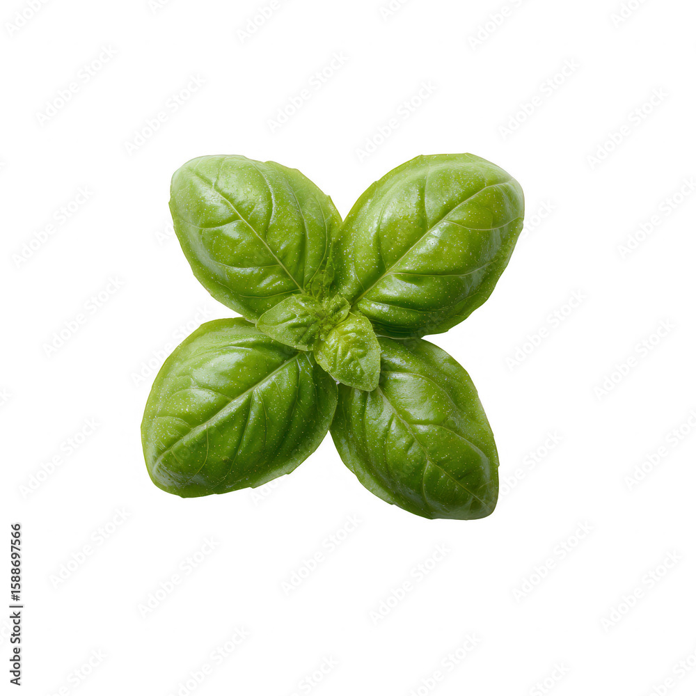 Fototapeta premium Fresh green basil leaf with a vibrant hue, isolated on a white background. Ideal for culinary and healthy cooking visuals.