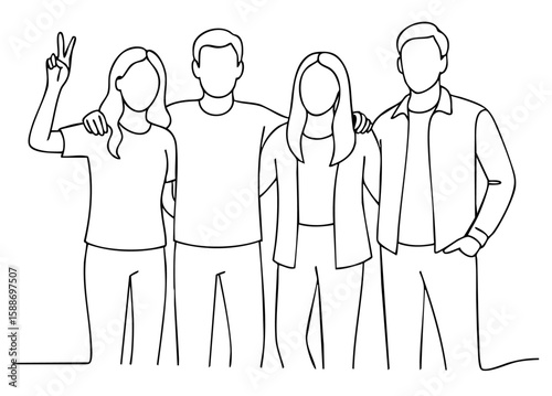 Happy Friends Standing Together – Arm in Arm Group Line Drawing with Peace Sign Gesture