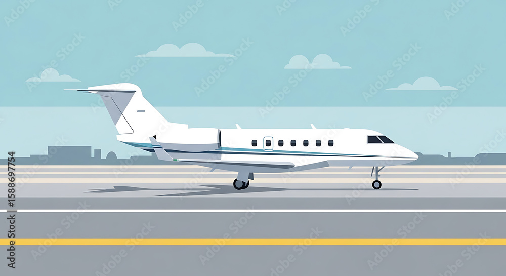 A sleek white private jet sits on a runway, ready for takeoff. A sleek white private jet sits on a runway, ready for takeoff.