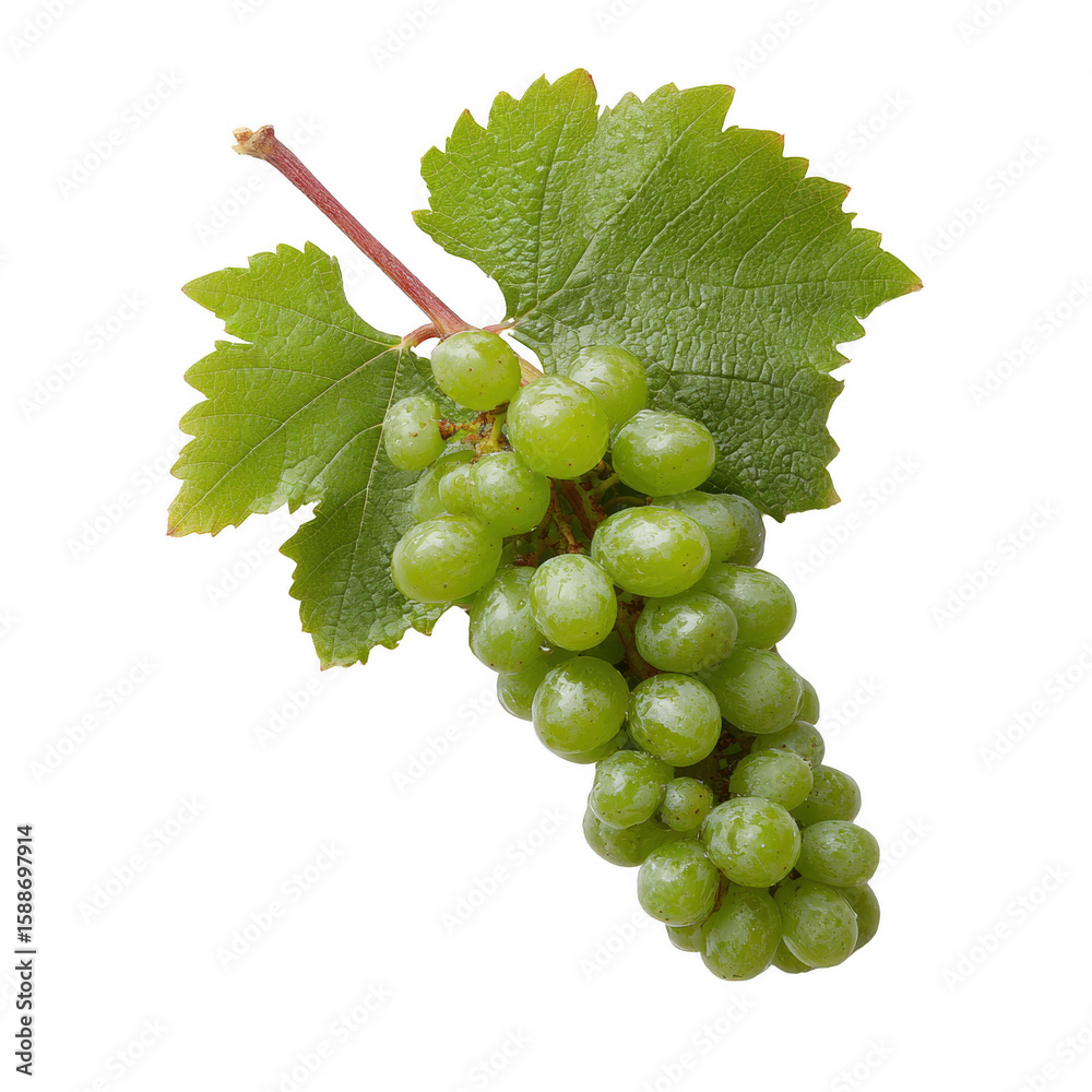 Obraz premium Fresh green grapes with leaves, isolated on a white background, perfect for healthy eating concepts, nutrition themes, or fruit-related designs.