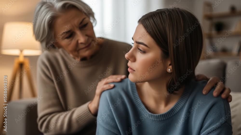 Comforting Gesture: Grandmother Supporting Sad Granddaughter with Empathy and Care Comforting Gesture: Grandmother Supporting Sad Granddaughter with Empathy and Care