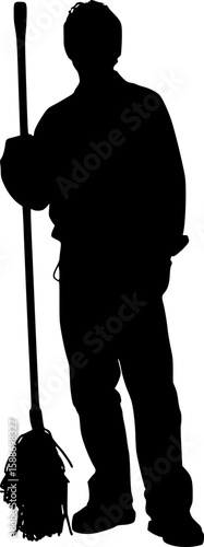 Man Holding Cleaning Mop Silhouette