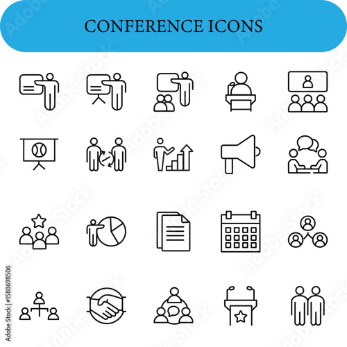 Conference Vector Icon Set . Icons depict various themes such as presentations, discussions, teamwork, charts, communication, and scheduling.