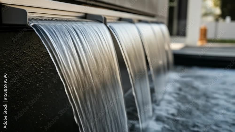 Serene cascading water feature in contemporary architectural design footage