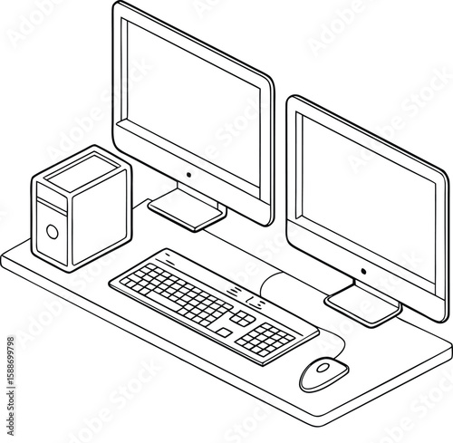 Workspace setup graphic showing computers, keyboard, and mouse on desk
