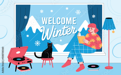 Adobe Illustrator winter scene: reader seated on windowsill in floral sweater and checkered pants, black cat by red retro record player, ‘WELCOME Winter’ snowflake window display, soft blue tones.”

