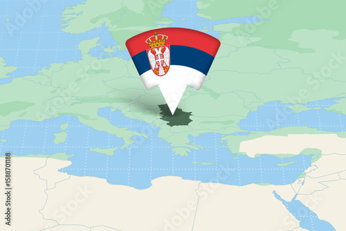 Serbia Highlighted on Europe Map with Flag Icon.