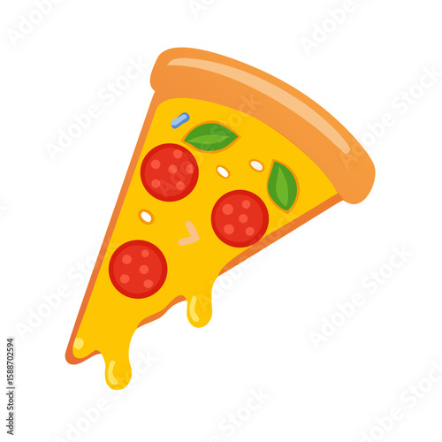 Flat Vector Pizza Slice Icon with Cheese and Pepperoni
