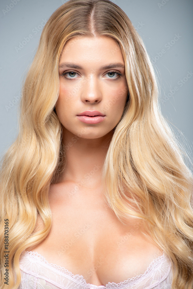 Fototapeta premium White lingerie photo set of beautiful blonde woman in clean studio light, showing front and side views. Perfect for underwear catalog, fashion e-commerce, and online advertising.
