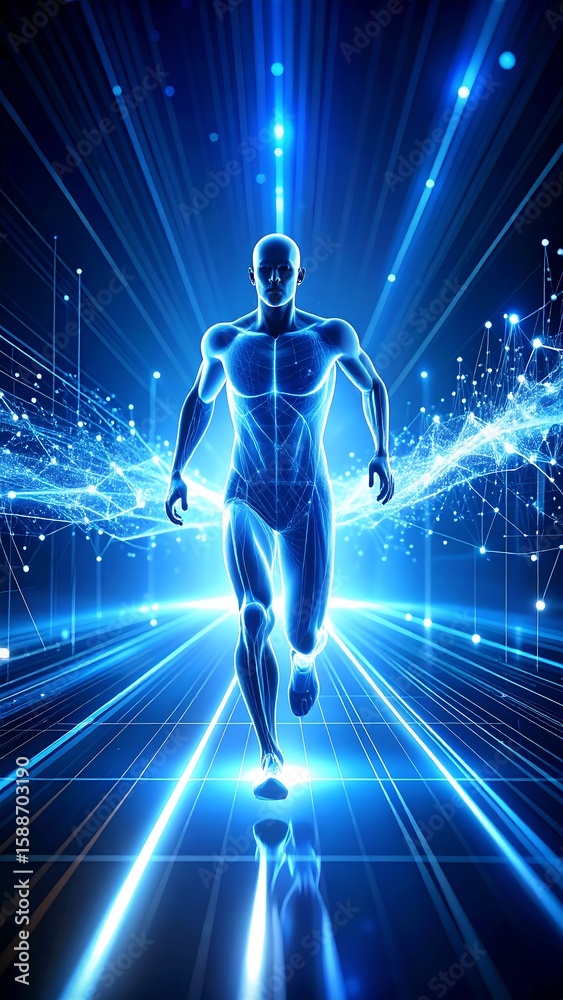 Obraz premium Futuristic runner in a digital cityscape