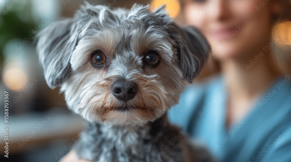 A friendly gray and white dog cuddles in the arms of a smiling person in a warm, inviting space A friendly gray and white dog cuddles in the arms of a smiling person in a warm, inviting space