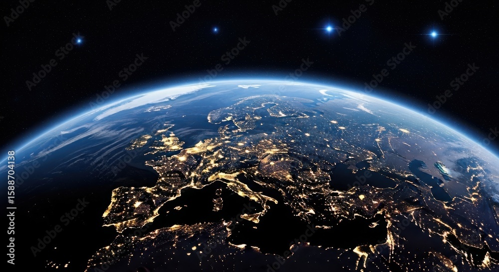 Obraz premium Earth at Night from Space showing Europe with bright city lights