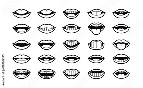 Adobe Illustrator Artwork Collection of hand-drawn lips illustrations. Set of female lips, stylish lip black and white designs, lip outlines in various shapes and styles..