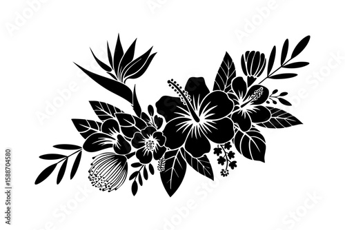 Tropical Hibiscus Flower Arrangement Vector Illustration,  Isolated  on Transparent Background PNG Image Design