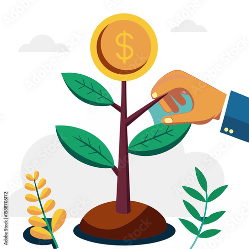 Vector illustration of a growing plant with leaves and seedling symbolizing nature and ecology concepts