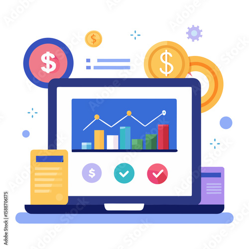 Business graph with tablet and money vector illustration showing finance growth and success concept