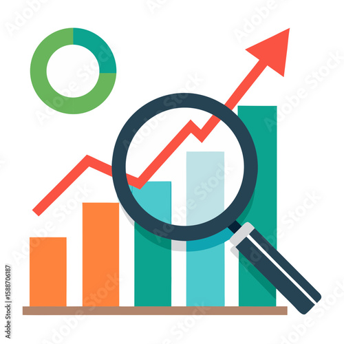 Magnifying glass focusing on business graph with arrow showing growth and search concept vector illustration