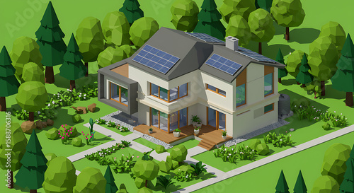 Low-poly architectural rendering of a modern house with solar panels, surrounded by trees and landscaping.