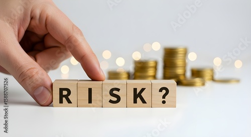 Financial Risk Question Wooden Block with Coins