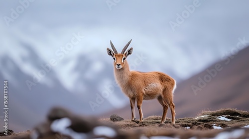 Wallpaper Mural Young gazelle standing alert on rocky terrain against snow-capped mountains in soft morning light, showcasing natural wildlife behavior in mountainous habitat. Torontodigital.ca