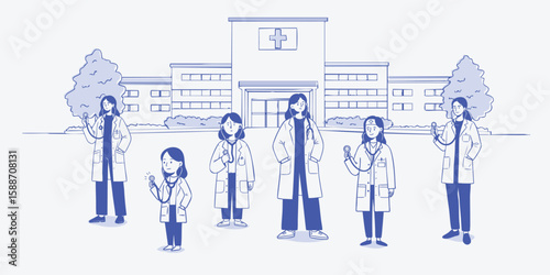 Female Doctors Standing in Front of Hospital – Flat Blue Line Style Illustration