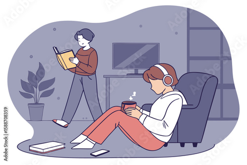 Illustration of two people relaxing at home with one reading a book and the other listening to music