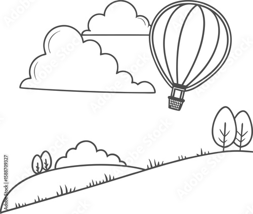 Here's a single sentence for naming your image:

Cartoon nature landscape with trees, blue sky, and colorful hot air balloons flying
