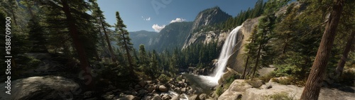 Breathtaking 360 degrees hdr panoramic view of a majestic waterfall in nature's landscape