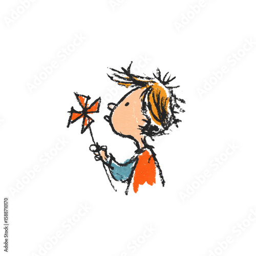 Young child holding a pinwheel and smiling with curiosity. Children's drawing  