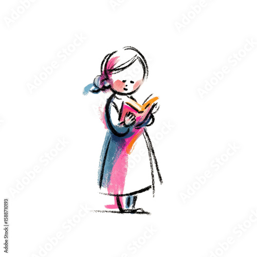 Young girl reading book with interest and focus in colorful style. Children's drawing  