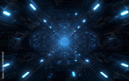 Futuristic glowing sci-fi tunnel with blue neon lights. Technology and innovation concept.  
