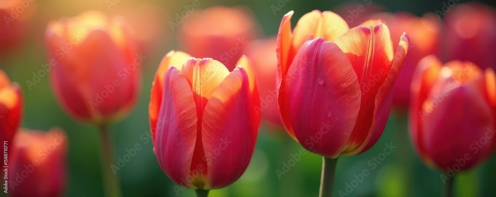 Fototapeta premium Delicate tulip petals, vibrant colors, dew drops, sunlight, vibrant, macro photography