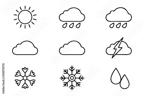 Weather icons including sun, rain, clouds, lightning, and snowflake  