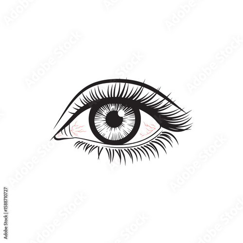 Detailed black and white illustration of a human eye, showcasing eyelashes and iris.