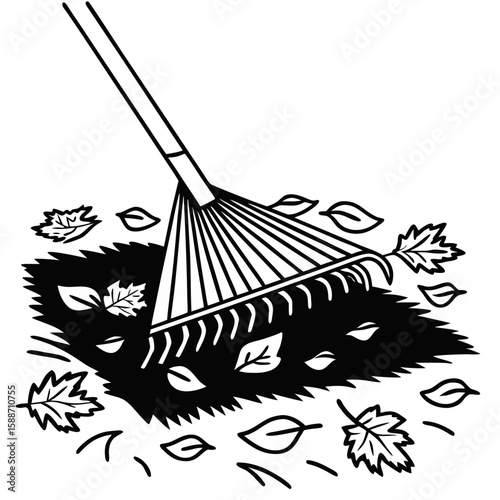 Raking fallen leaves into a neat pile in autumn garden  