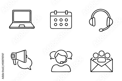 Line icons of laptop, calendar, headset, and communication tools  