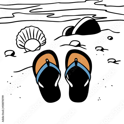 Flip-flops near the waterline on sandy beach with seashells  