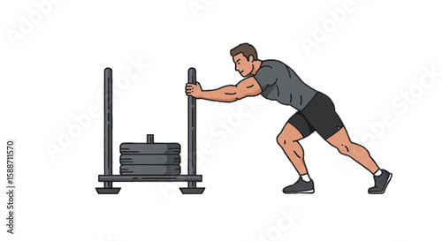 Sled push training with resistance, vector plain white background