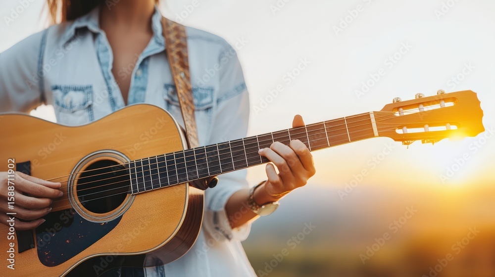 Obraz premium Female folk singer playing acoustic guitar against a stunning sunset backdrop, creating a serene atmosphere filled with music and joy