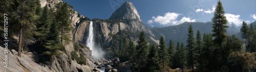 Panoramic 360 degrees hdr view of yosemite falls nature landscape majestic environment