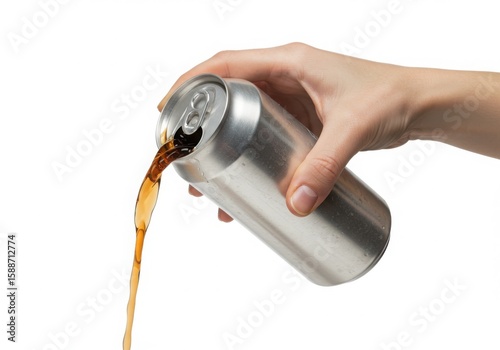 Hand holding a soda can pouring brown liquid isolated on white background