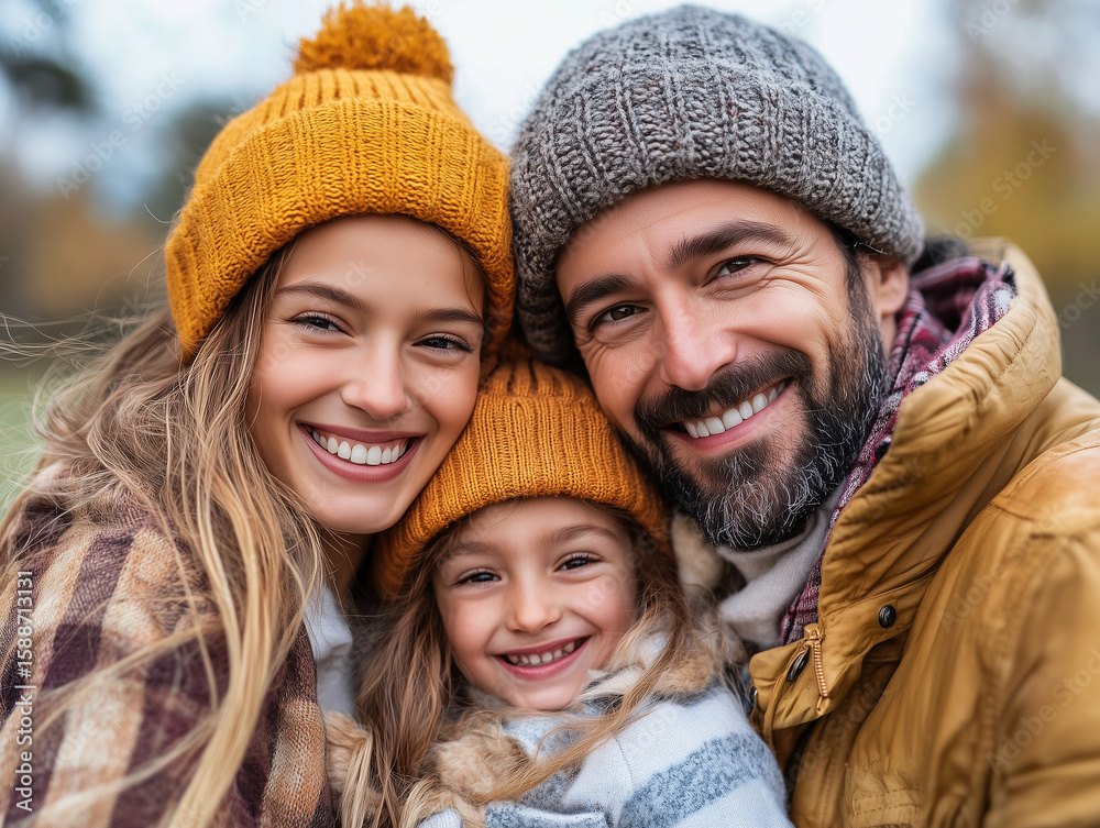 Fototapeta premium Happy family portrait with smiling parents and child in cozy winter hats. warm atmosphere captures their love and joy during beautiful outdoor moment